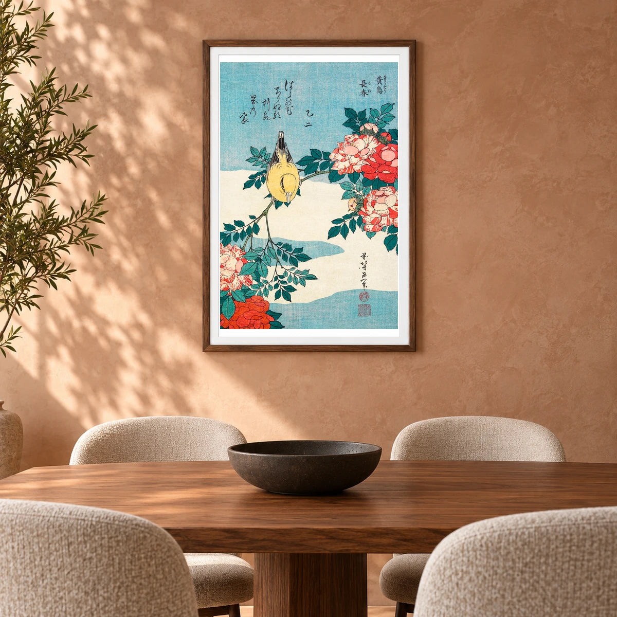 Katsushika Hokusai’s Warbler And Roses (1834) Vintage Japanese Woodblock Print By Shibata Zeshin — Japanese Ukiyo-e shown in a styled interior