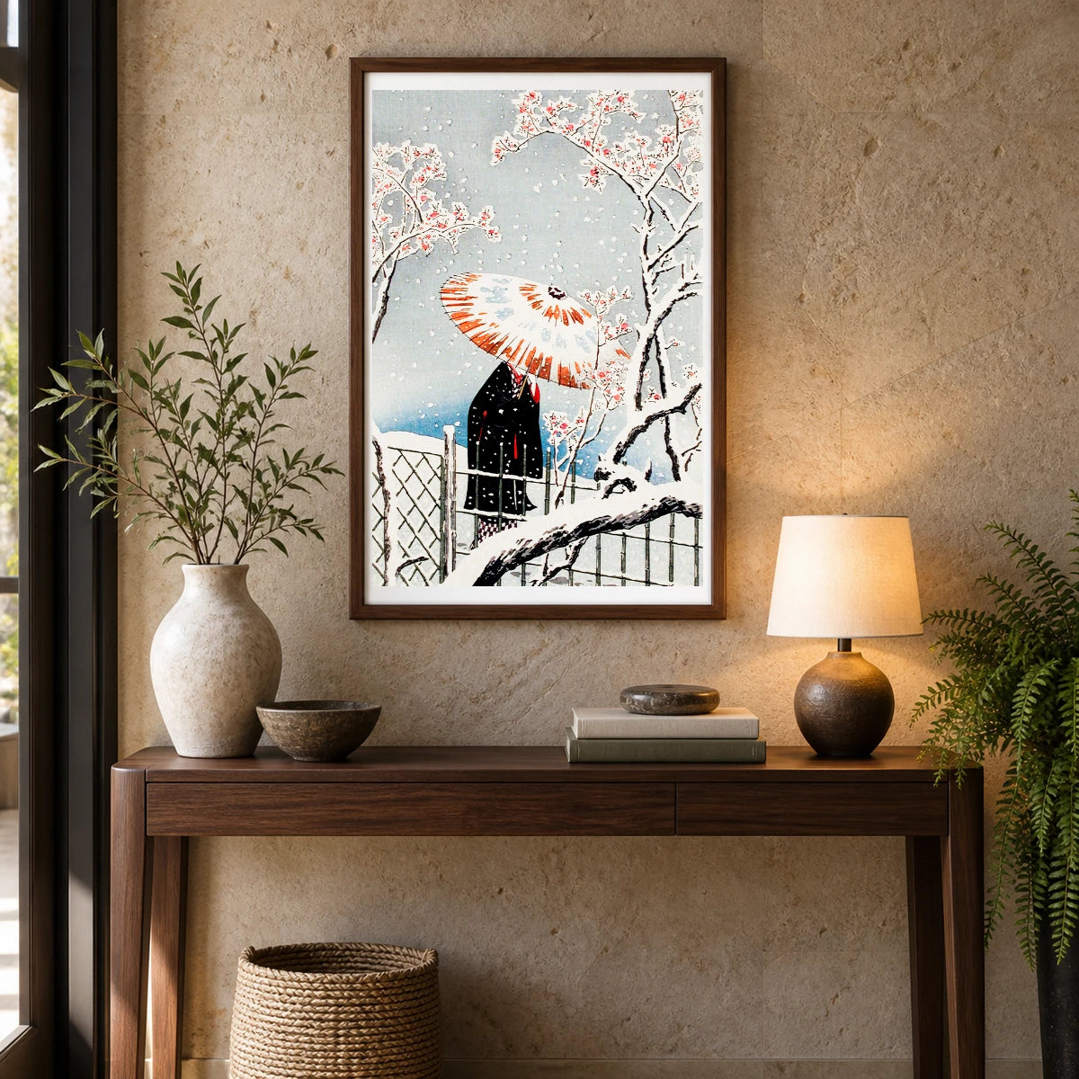 Plum Tree In Snow Print In High Resolution By Hiroaki Takahashi — Japanese Ukiyo-e shown in a styled interior