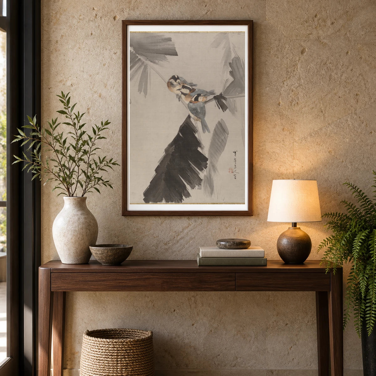 Three Birds On Branch By Watanabe Seitei — Japanese Ukiyo-e shown in a styled interior