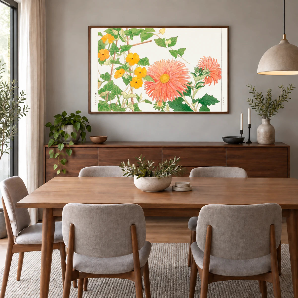Thunbergia & Aster Flower, By Tanigami Kônan — Japanese Ukiyo-e shown in a styled interior