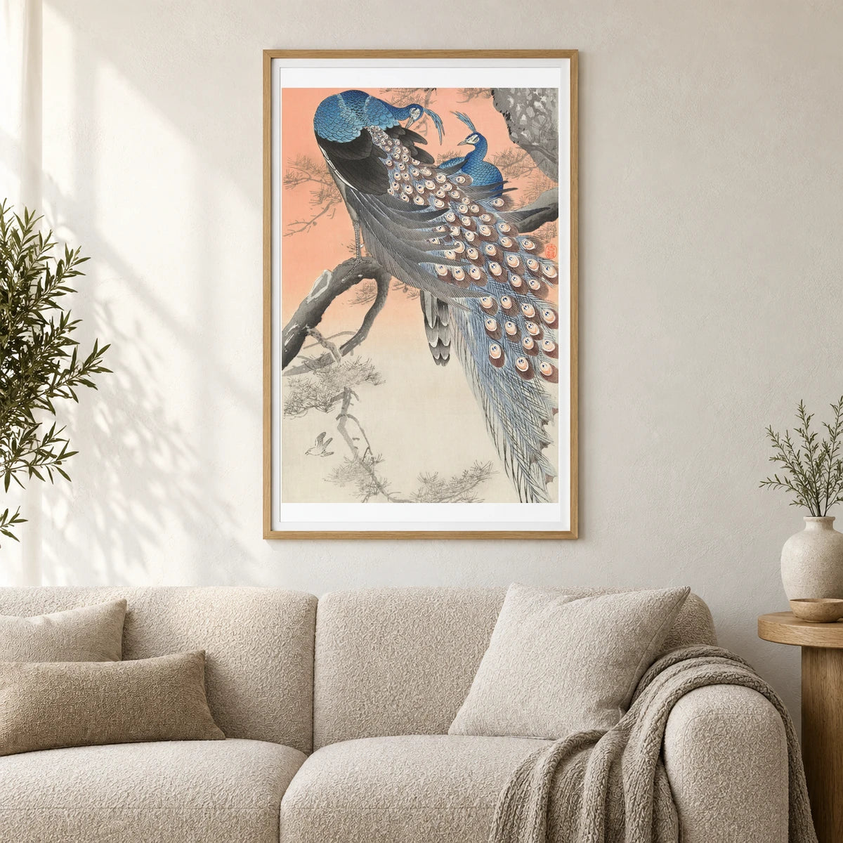 Two Peacocks On Tree Branch (1900 1930) By Ohara Koson — Japanese Ukiyo-e shown in a styled interior