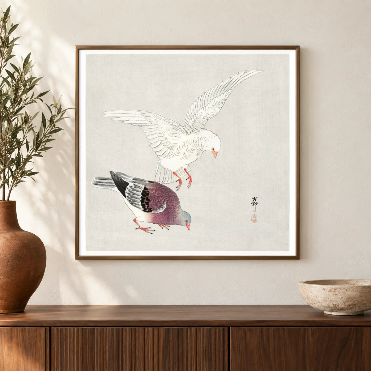 Two Pigeons (1877 1945) By Ohara Koson — Japanese Ukiyo-e shown in a styled interior