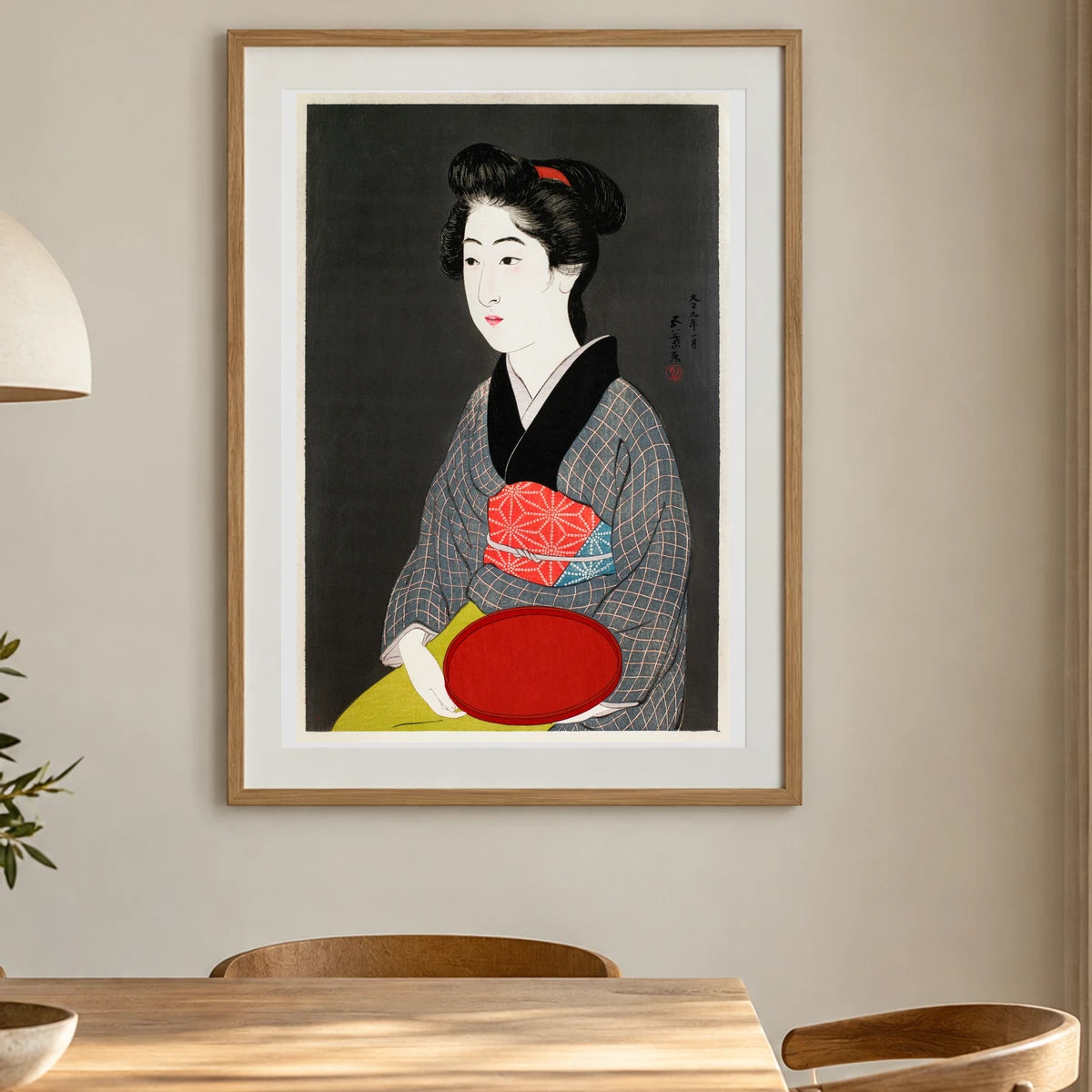 Waitress Holding A Tray (portrait Of Onao, A Maid At The Matsuyoshi Inn, Kyoto) (1920) By Goyō Hashiguchi — Japanese Ukiyo-e shown in a styled interior