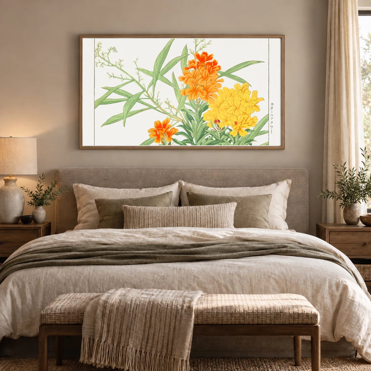 Wall Flower Woodblock Painting. By Tanigami Kônan. — Japanese Ukiyo-e shown in a styled interior