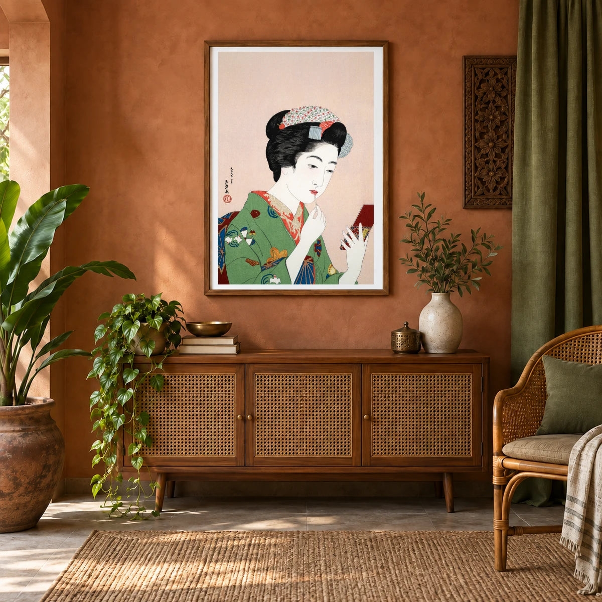 Woman Applying Rouge (1920) Print In High Resolution By Goyō Hashiguchi — Japanese Ukiyo-e shown in a styled interior