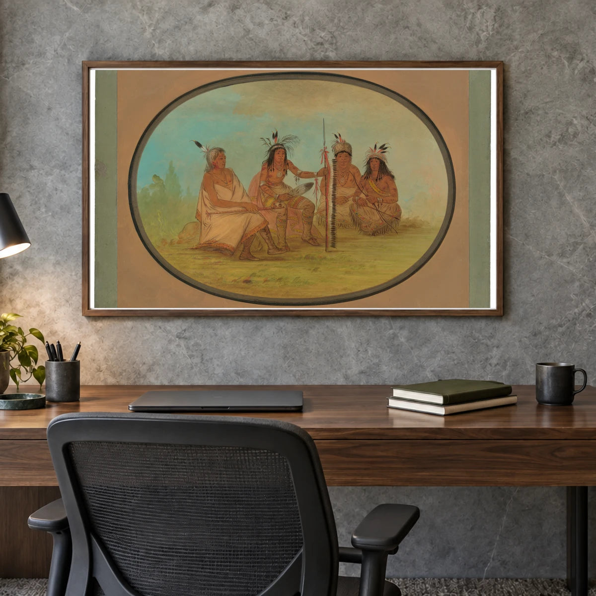 An Aged Ojibbeway Chief And Three Warriors 1965.16.91 — Famous Paintings shown in a styled interior