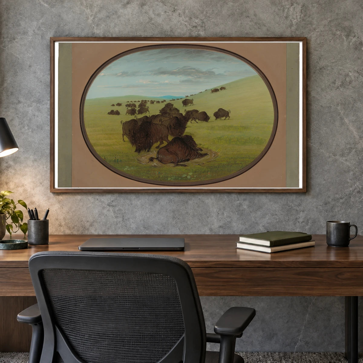 A Buffalo Wallow 1965.16.178 — Famous Paintings shown in a styled interior