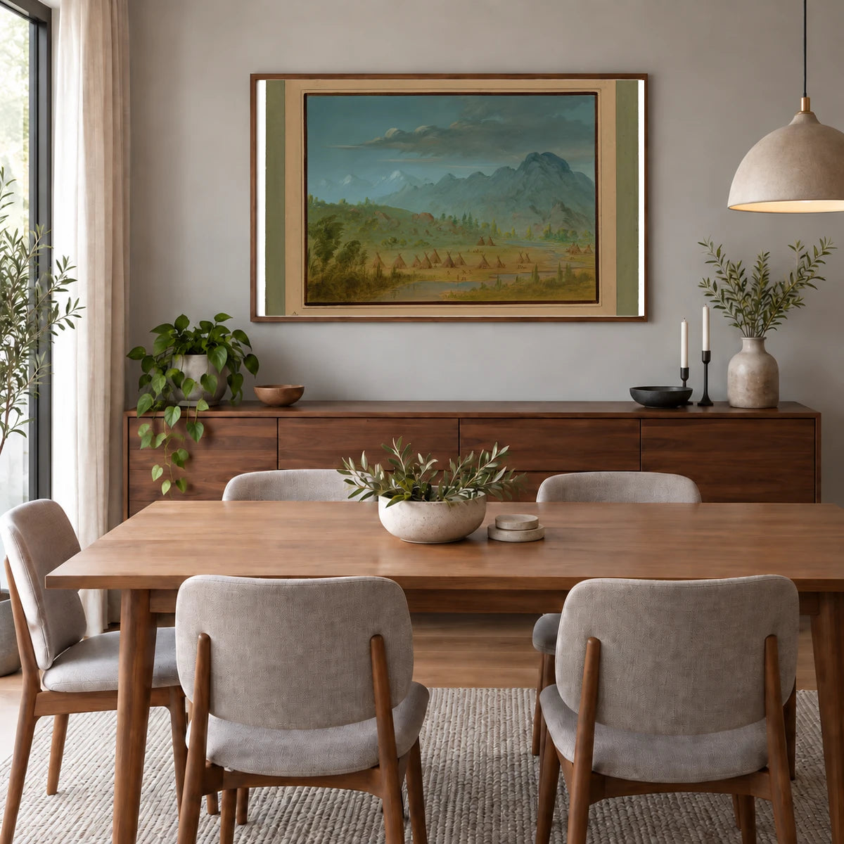 A Crow Village And The Salmon River Mountains 1965.16.25 — Famous Paintings shown in a styled interior