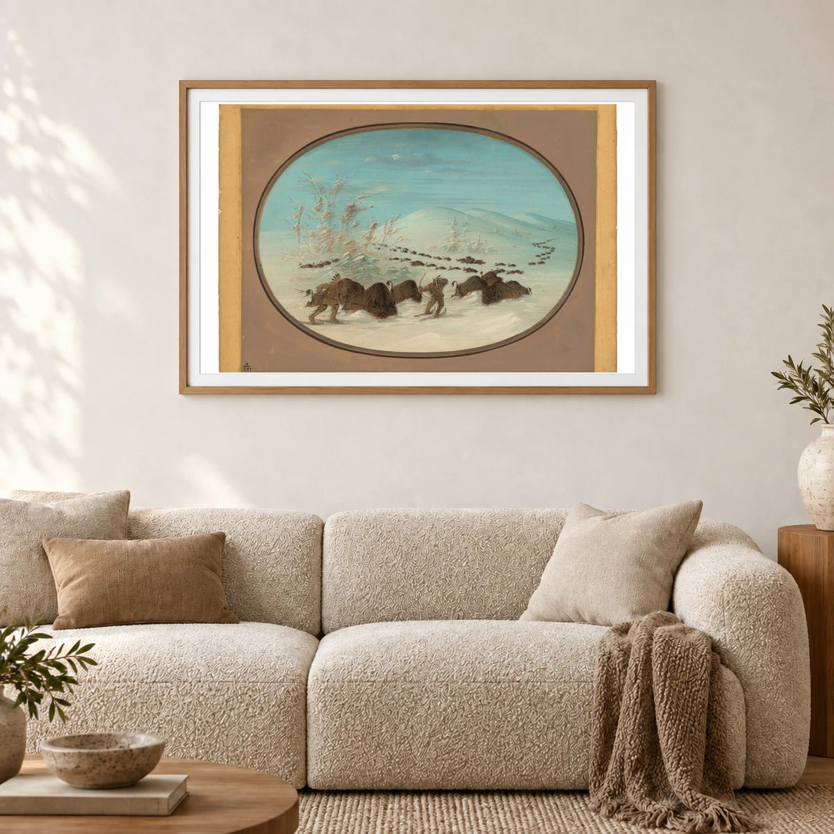 Buffalo Chase In The Snow Drifts Ojibbeway 1965.16.129 — Famous Paintings shown in a styled interior