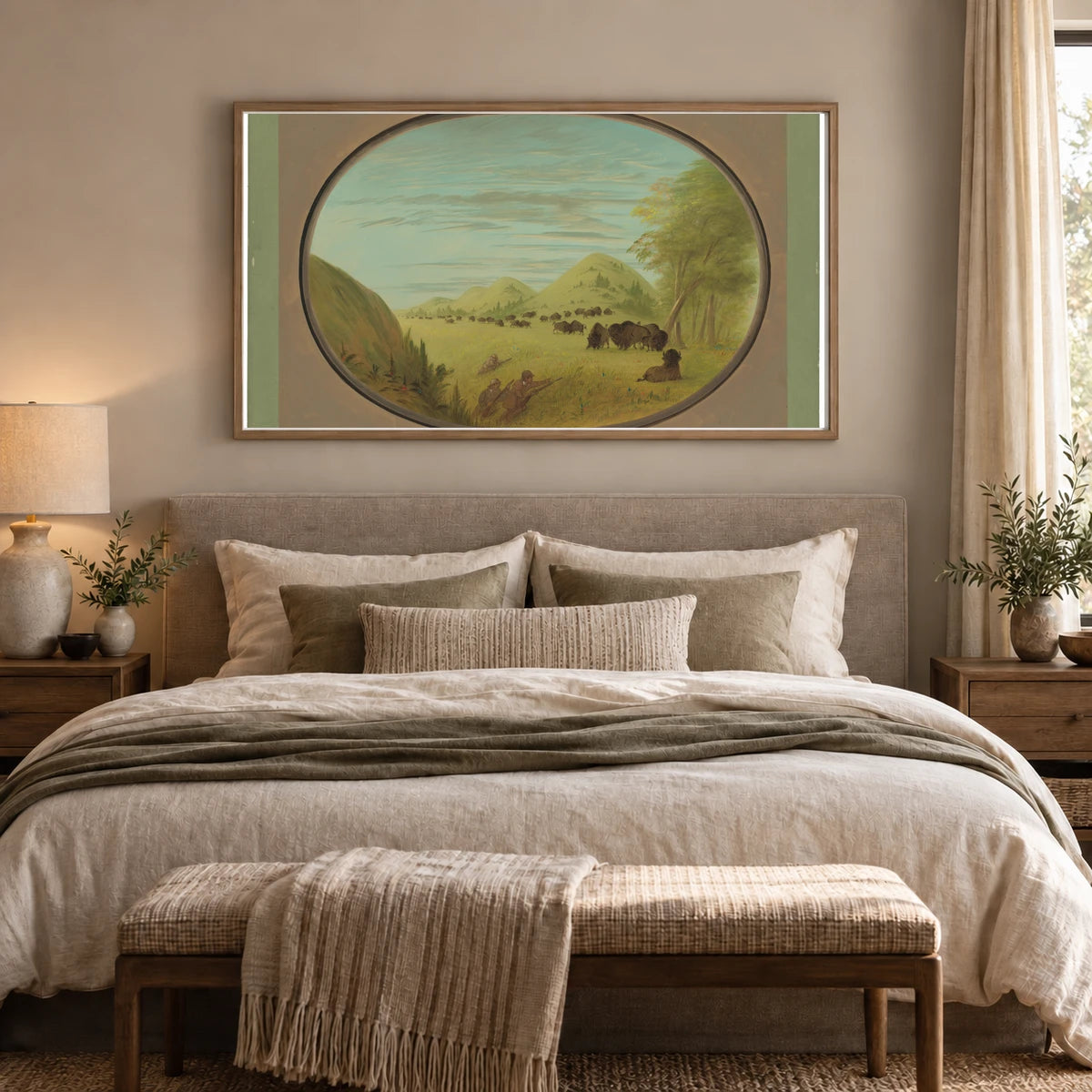 Catlin And Two Companions Shooting Buffalo 1965.16.197 — Famous Paintings shown in a styled interior