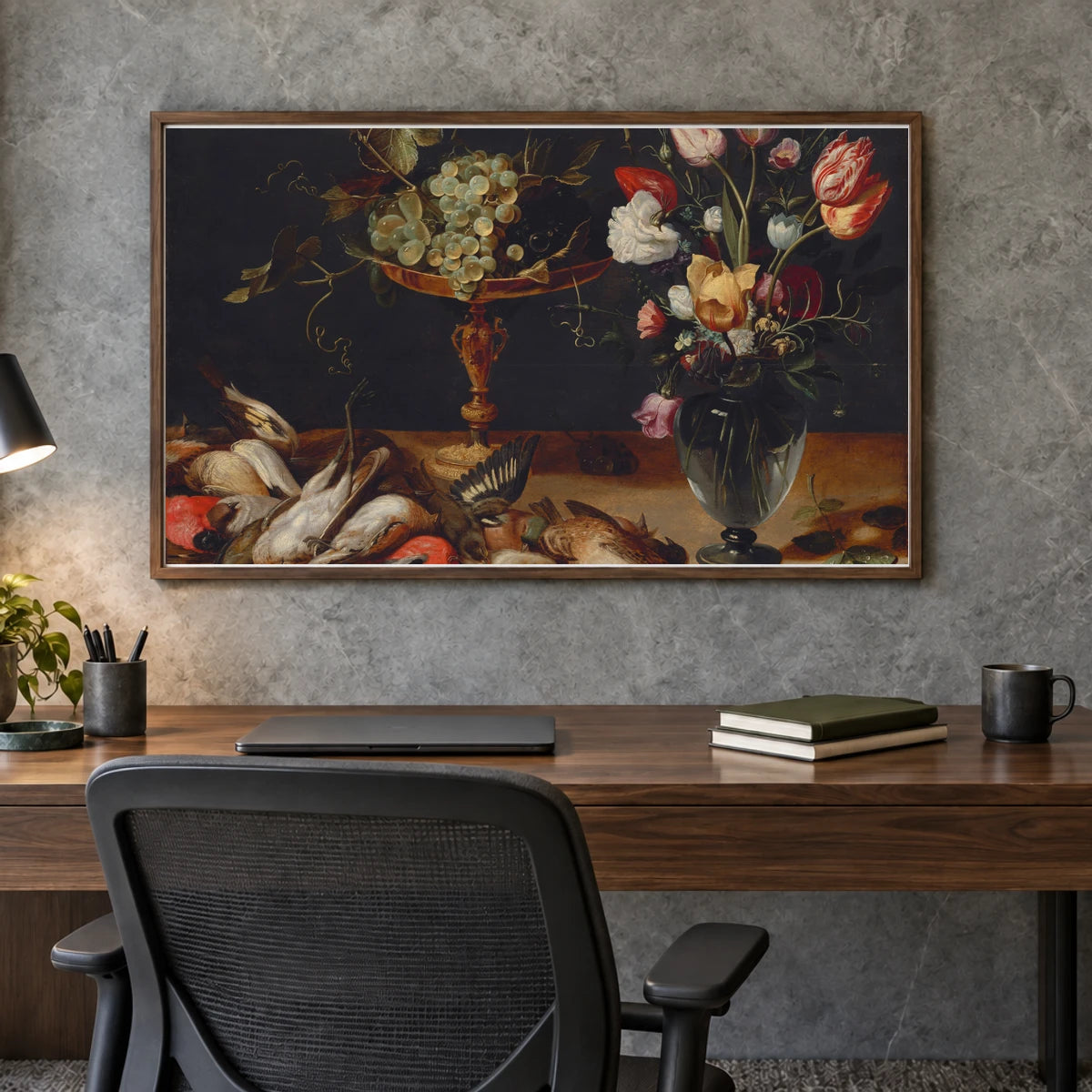 Still Life With Flowers, Grapes, And Small Game Birds 2020.14.1 — Famous Paintings shown in a styled interior