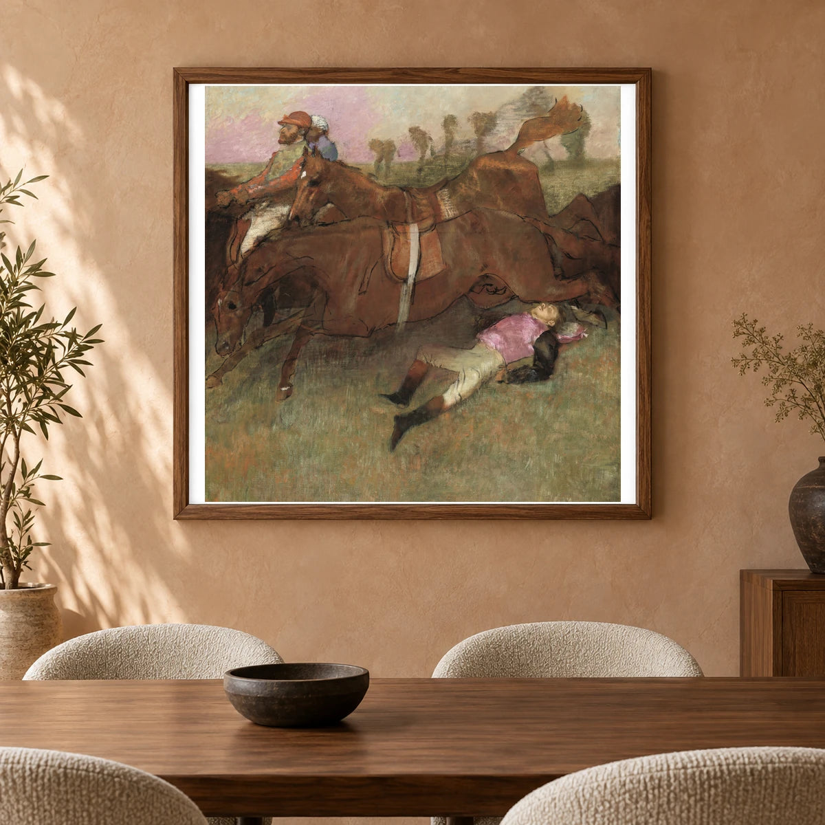 Scene From The Steeplechase – The Fallen Jockey — Edgar Degas shown in a styled interior