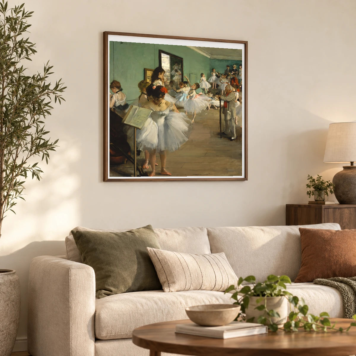 The Dance Class — Edgar Degas shown in a styled interior