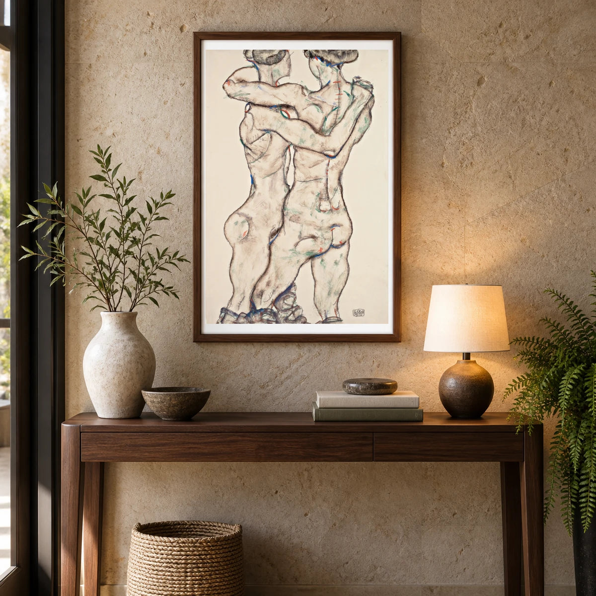 Naked Girls Embracing (1914) — Egon Schiele shown in a styled interior