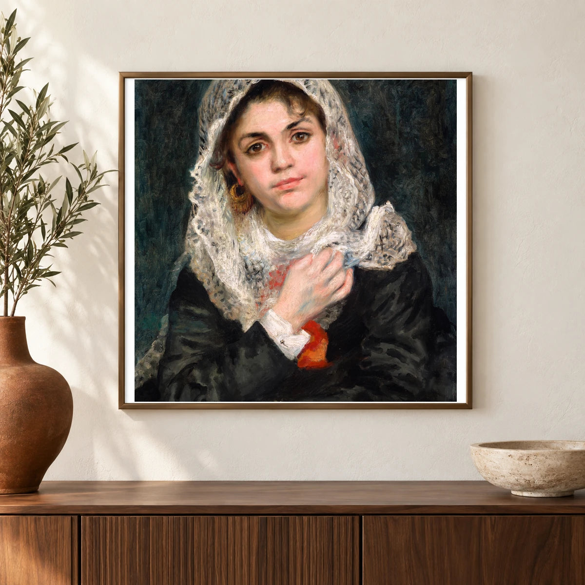 Lise In A White Shawl (c. 1872) — Pierre-Auguste Renoir shown in a styled interior