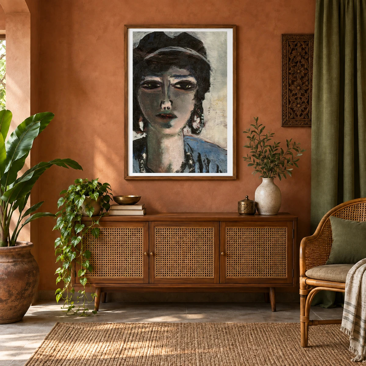 Weiblicher Kopf In Blau Und Grau (die Ägypterin) (1942) — Max Beckmann shown in a styled interior