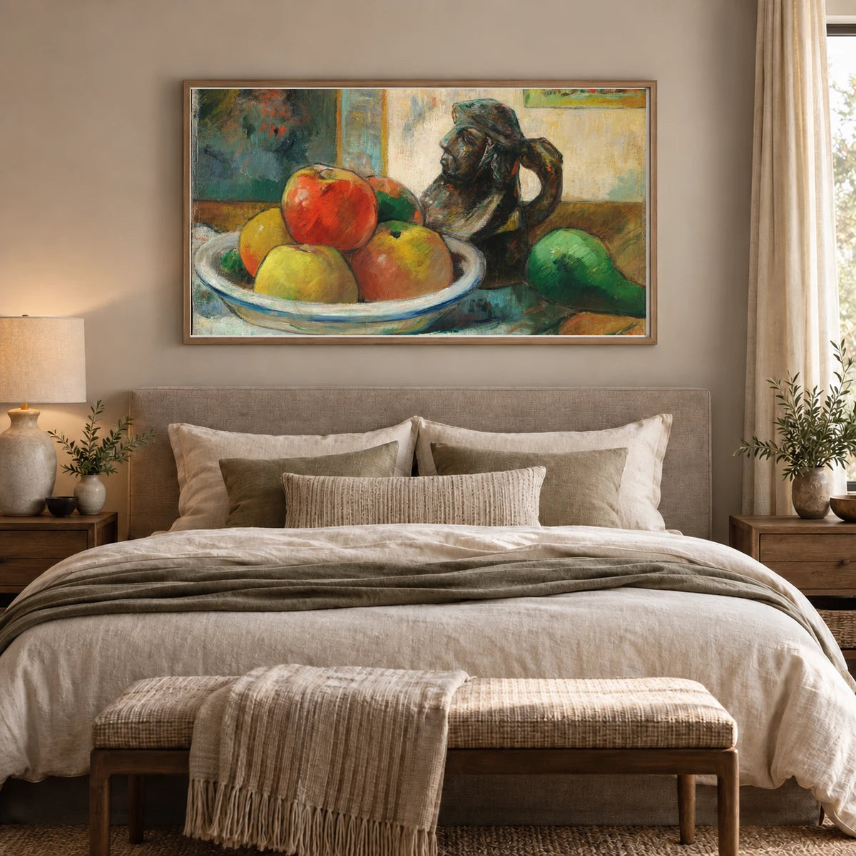 Still Life With Apples, A Pear, And A Ceramic Portrait Jug — Paul Gauguin shown in a styled interior