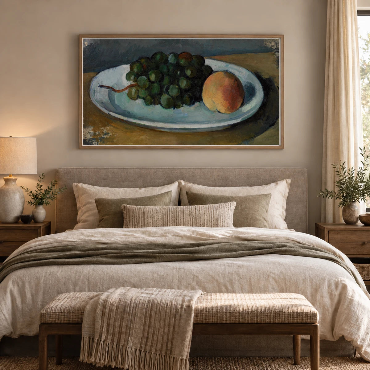 Grapes And Peach On A Plate (grappe De Raisin Et Pêche Sur Une Assiette) By Paul Cézanne — Neo-Impressionism shown in a styled interior