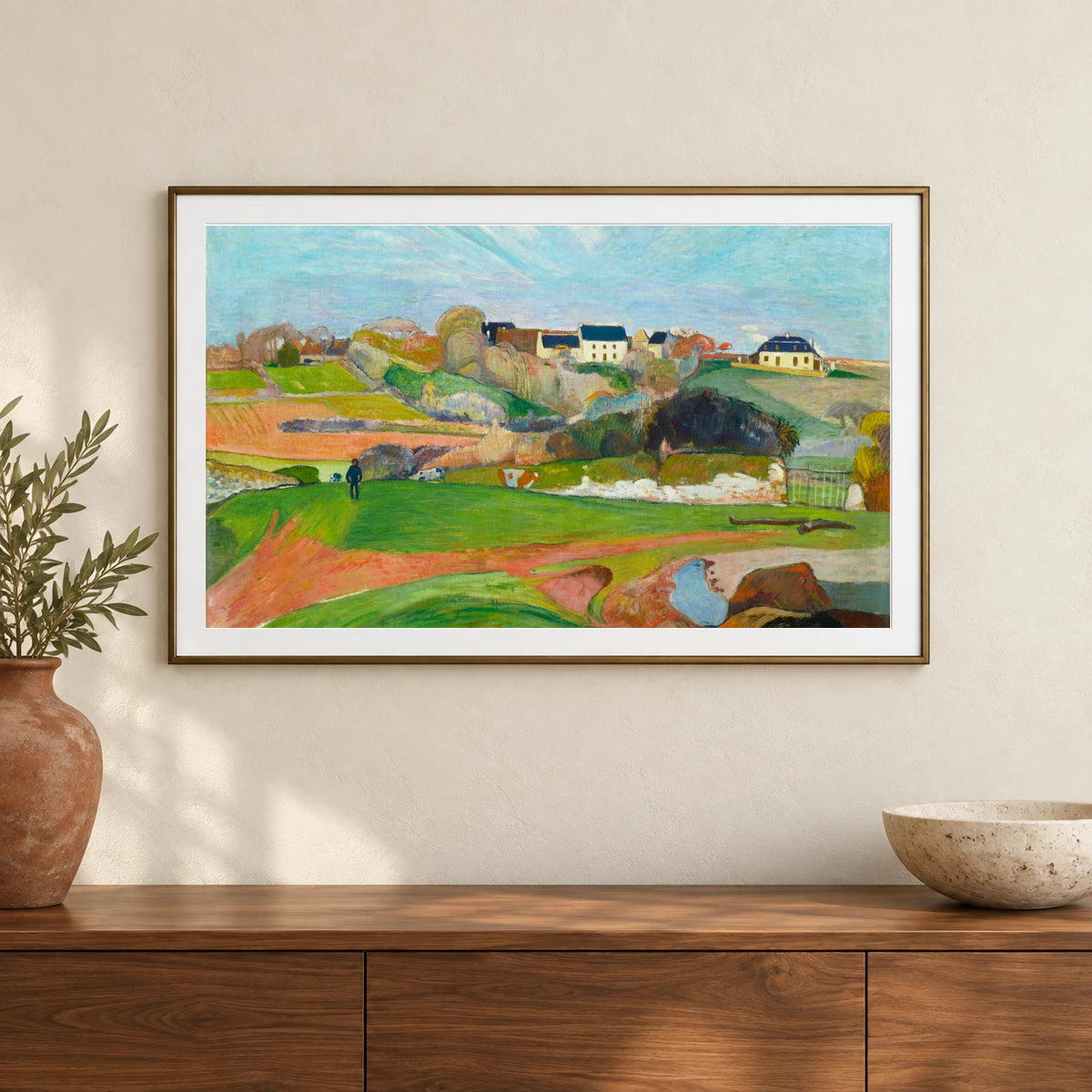 Landscape At Le Pouldu (1890) By Paul Gauguin — Neo-Impressionism shown in a styled interior