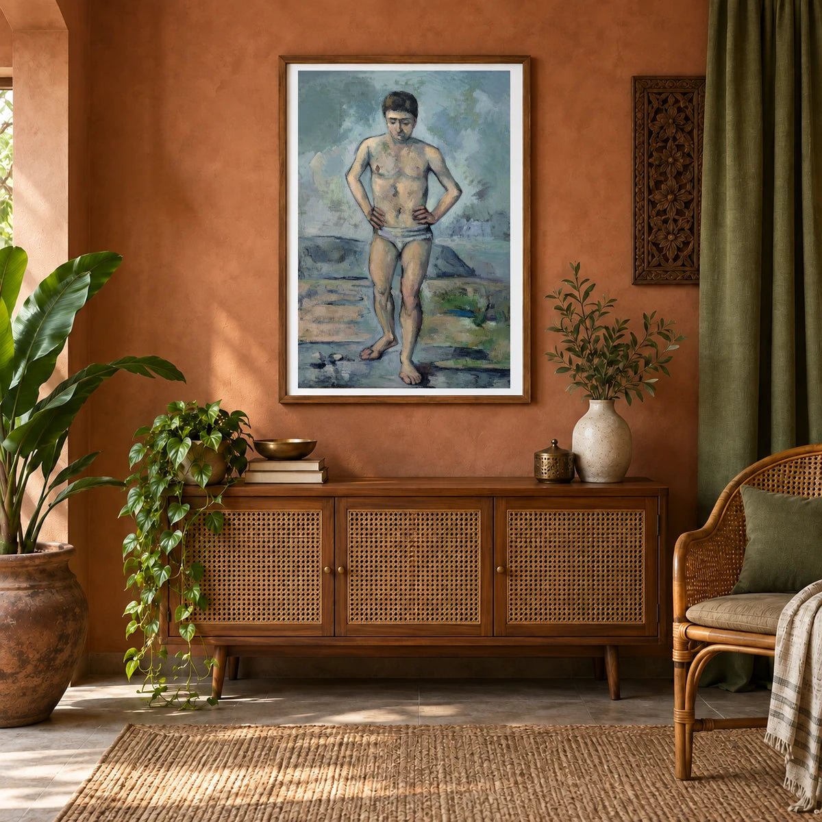 Paul Cézanne S The Bather (1885) Famous Painting — Neo-Impressionism shown in a styled interior