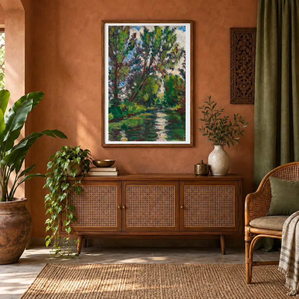 River Landscape, By Alfred William Finch — Neo-Impressionism shown in a styled interior