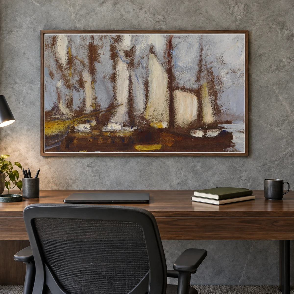 Sailing Vessels, 1929, By Alfred William Finch — Neo-Impressionism shown in a styled interior