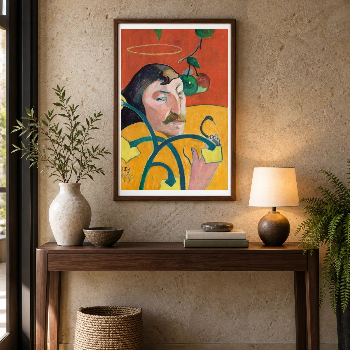 Self Portrait (1889) By Paul Gauguin — Neo-Impressionism shown in a styled interior