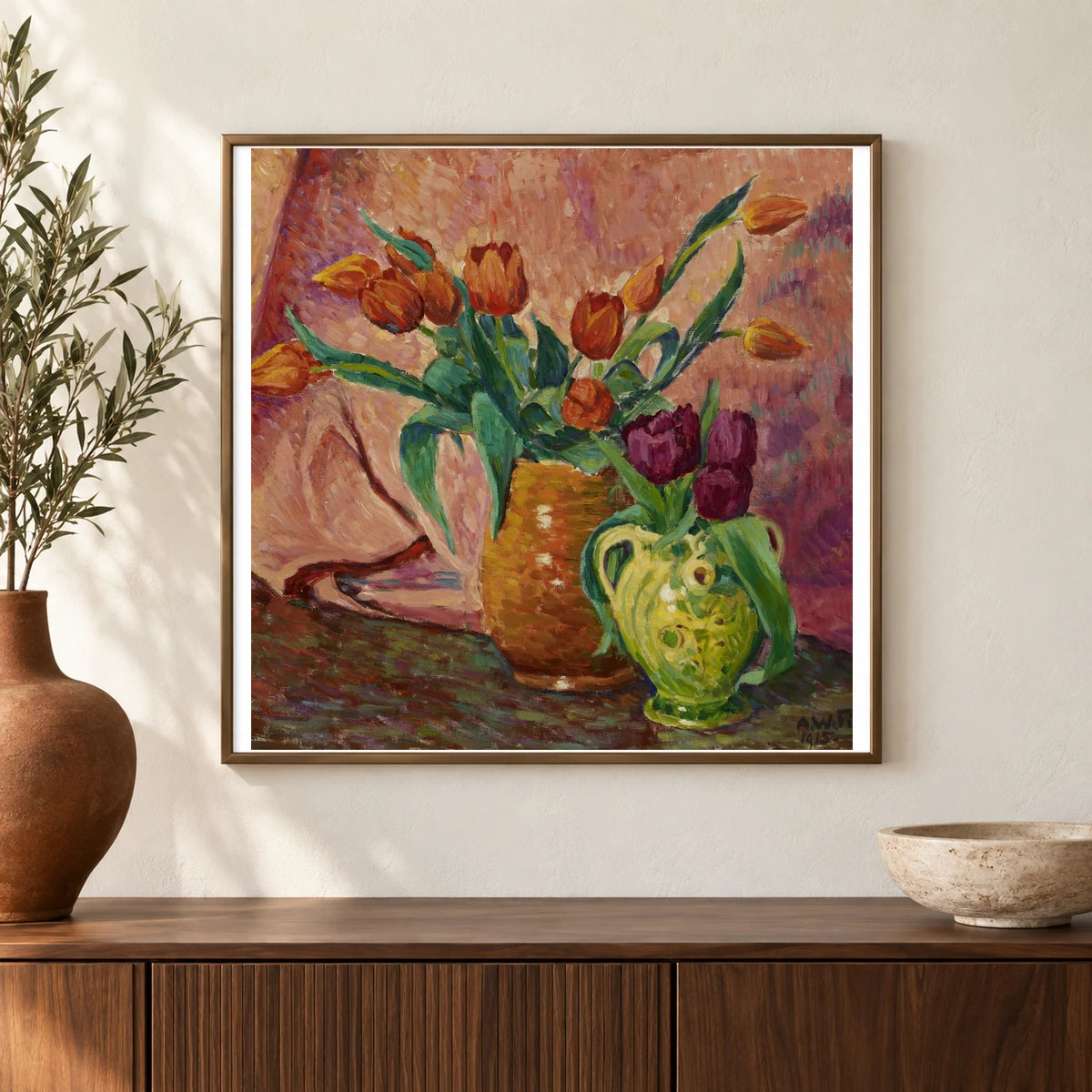 Two Vases With Tulips, 1915, By Alfred William Finch — Neo-Impressionism shown in a styled interior