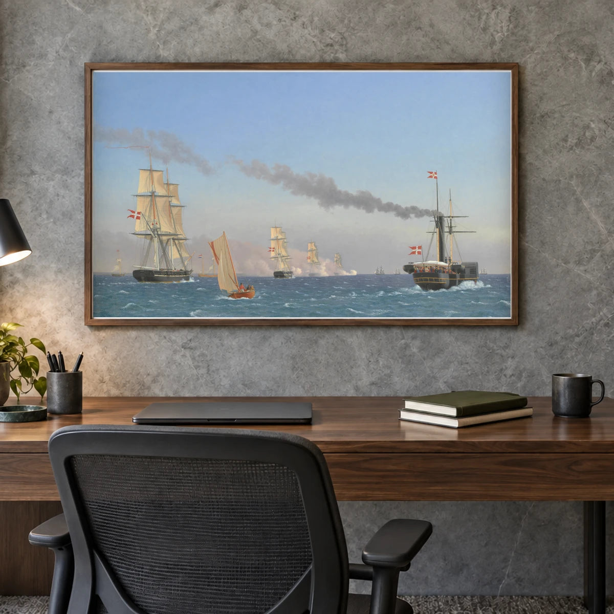 Christian Viii Aboard His Steamship Ægir Watching The Maneuvers Of A Squadron Near Copenhagen By C.w. Eckersberg — Neoclassicism shown in a styled interior