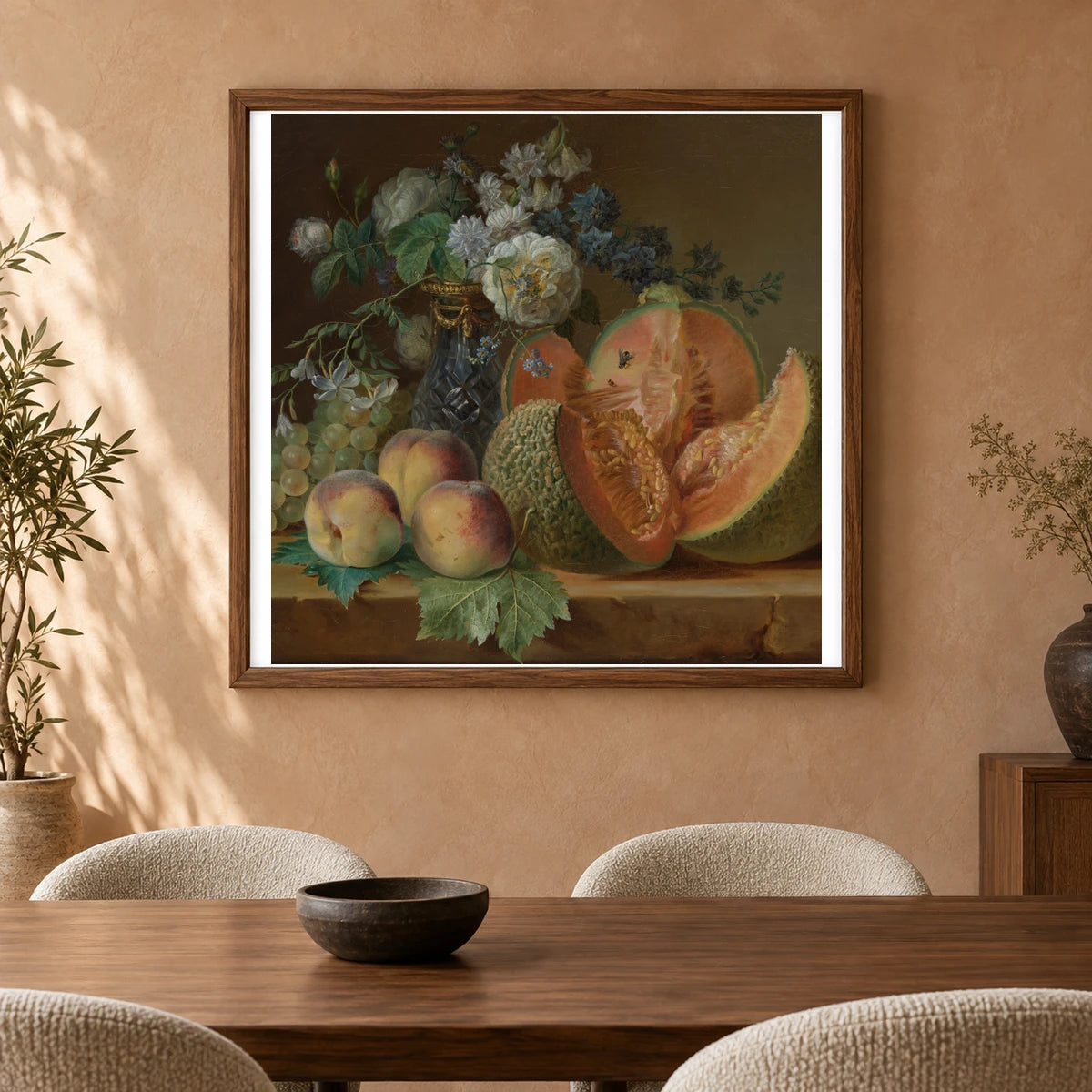 Still Life With A Vase Of Flowers, Melon, Peaches, And Grapes By Charlotte Eustache Sophie De Fuligny Damas, Marquise De Grollier — Neoclassicism shown in a styled interior