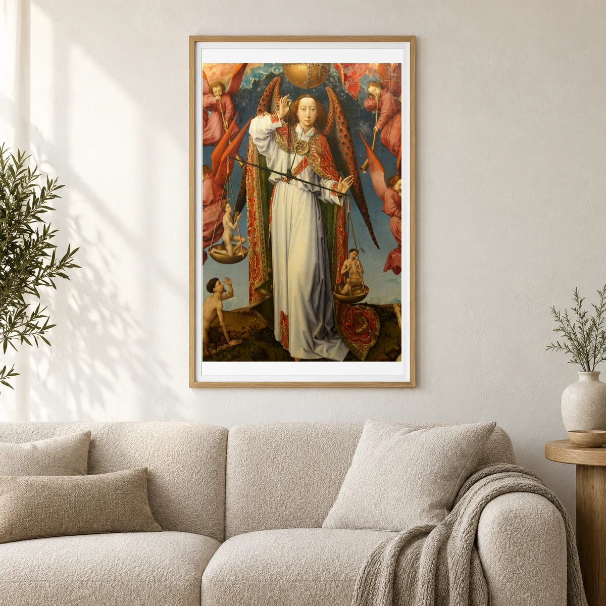 Close Up Of Archangel Saint Michael Weighing Souls, Altarpiece Of The Last Judgement — Classical Art shown in a styled interior