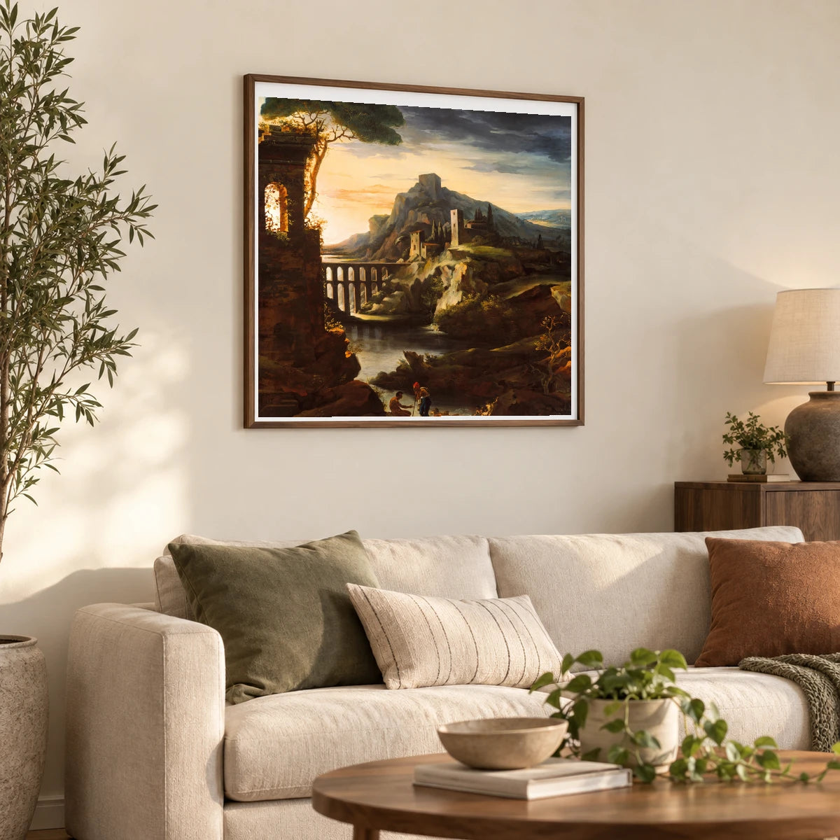Evening Landscape With An Aqueduct By Théodore Gericault — Classical Art shown in a styled interior