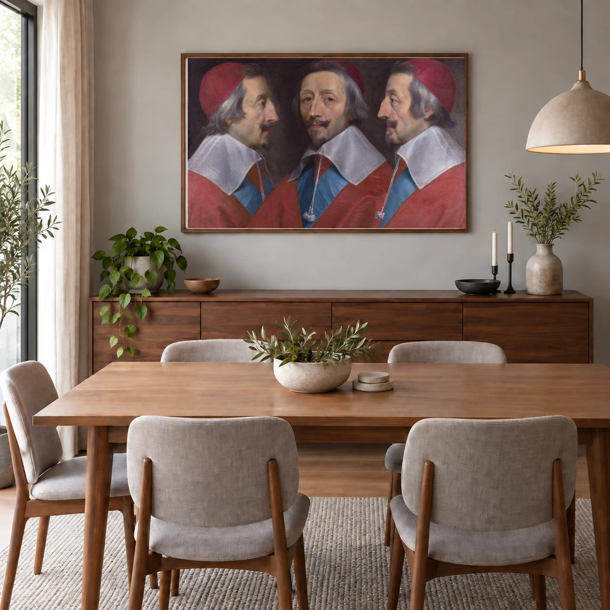 Hier Wird Das Gesicht Des Kardinals Von Allen Seiten Auf Einem Bild Dargestellt — Classical Art shown in a styled interior