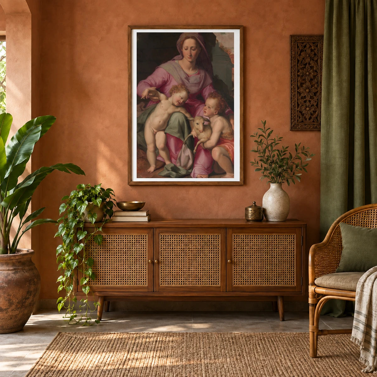 Madonna And Child With The Infant Saint John The Baptist By Santi Di Tito — Classical Art shown in a styled interior