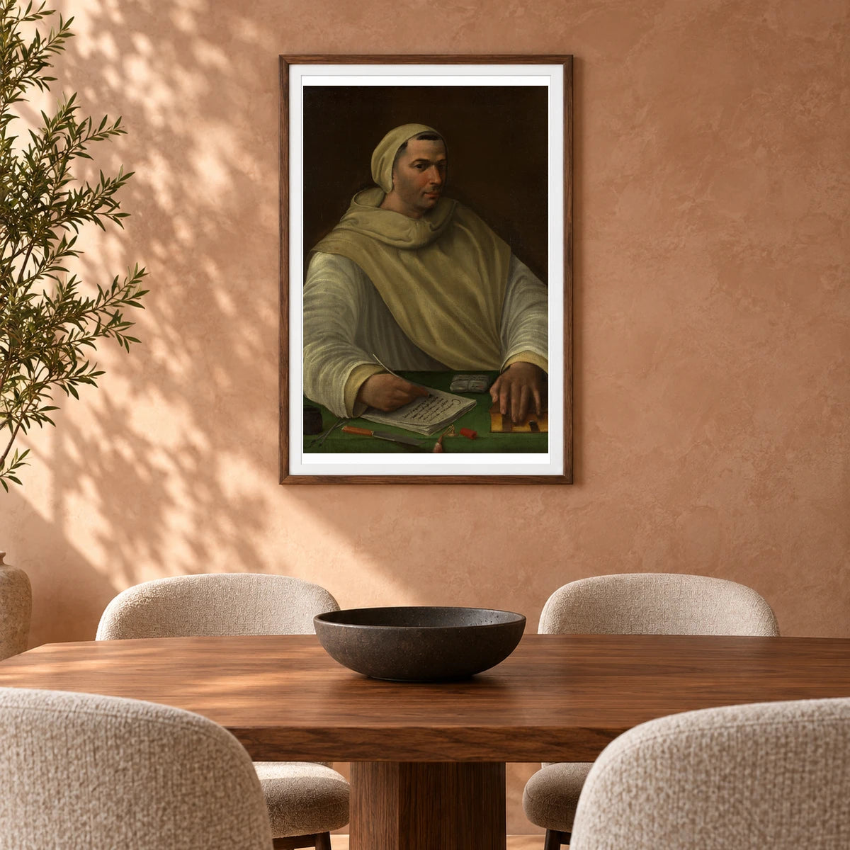 Portrait Of An Olivetan Monk, Attributed To Baldassare Tommaso Peruzzi — Classical Art shown in a styled interior