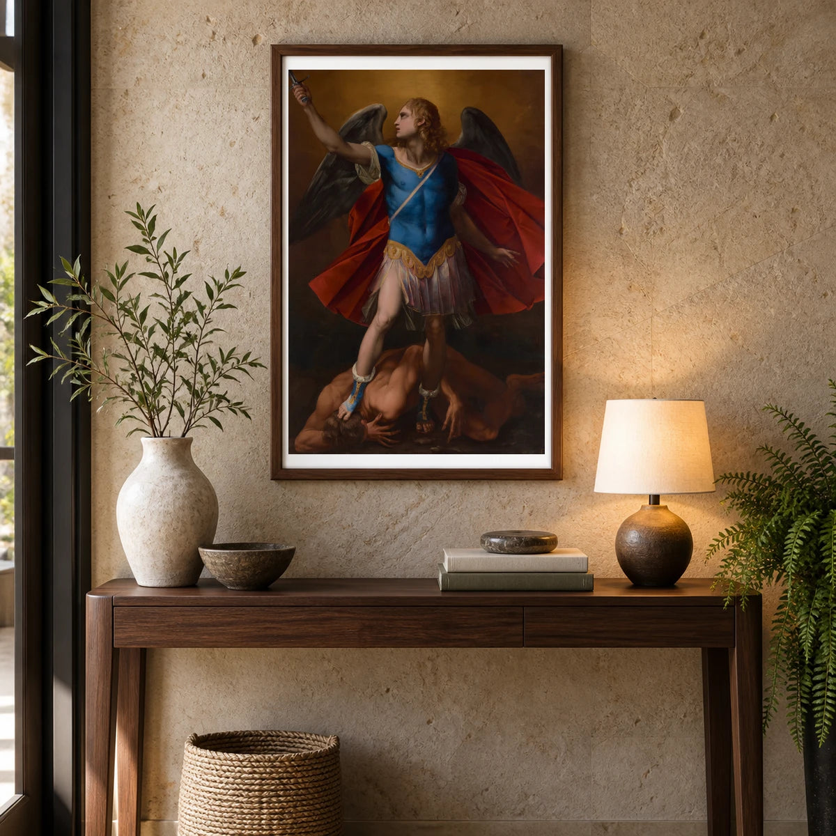Standing Winged Male Figure With Long Curly Blonde Hair, Looking Up Toward Ulc — Classical Art shown in a styled interior