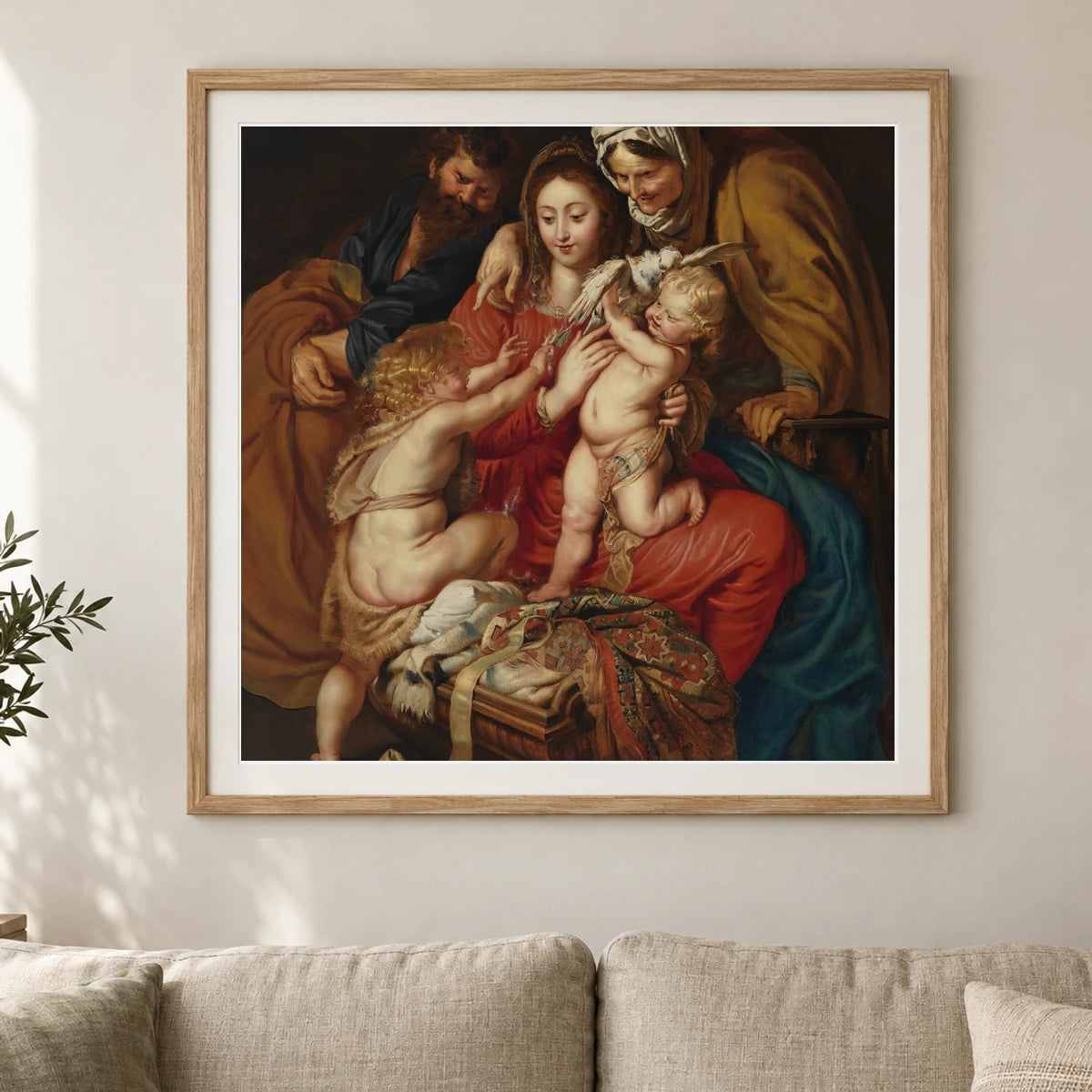 The Holy Family With St. Elizabeth, St. John, And A Dove By Peter Paul Rubens — Classical Art shown in a styled interior