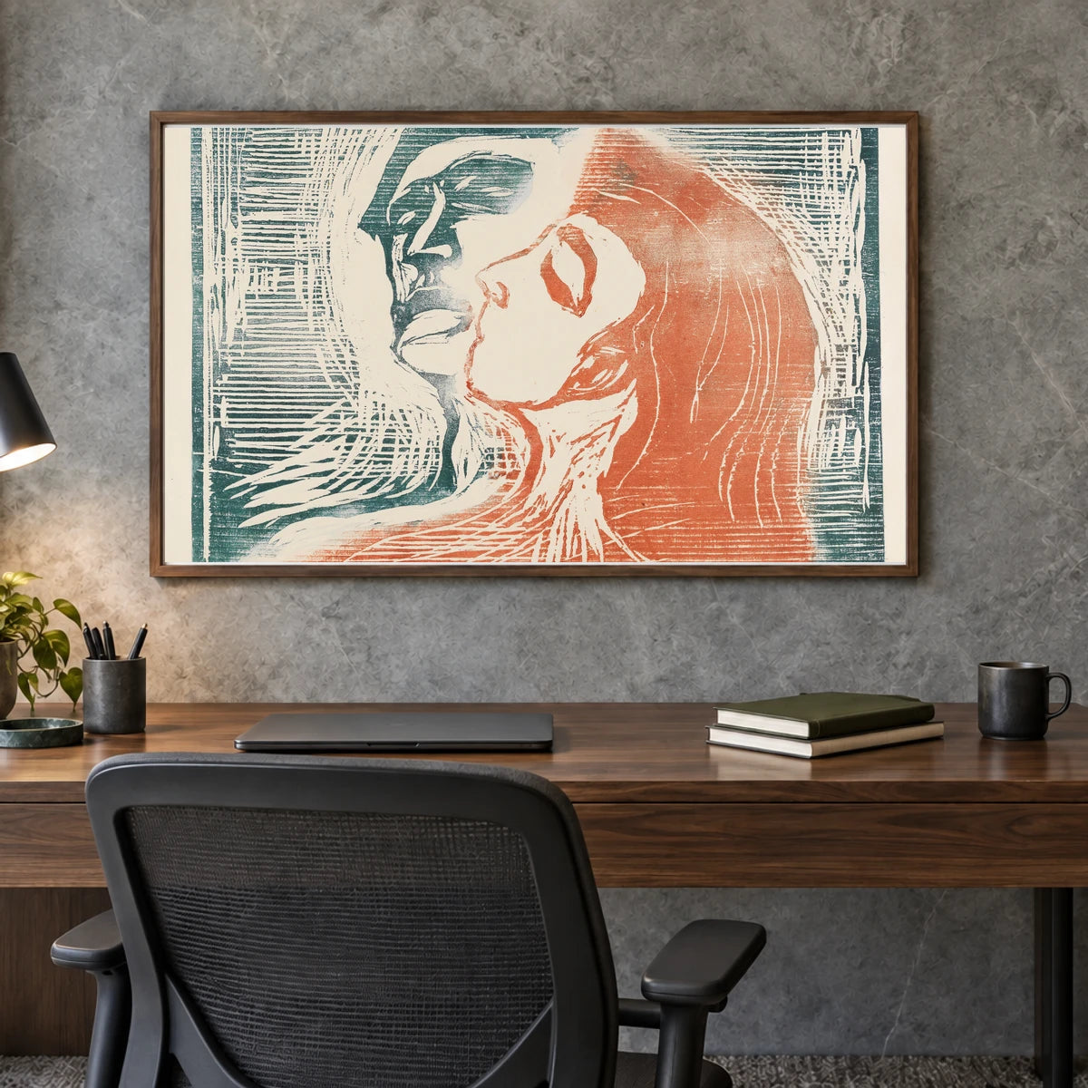 Head By Head (man And Woman Kissing) (1905) — Edvard Munch shown in a styled interior