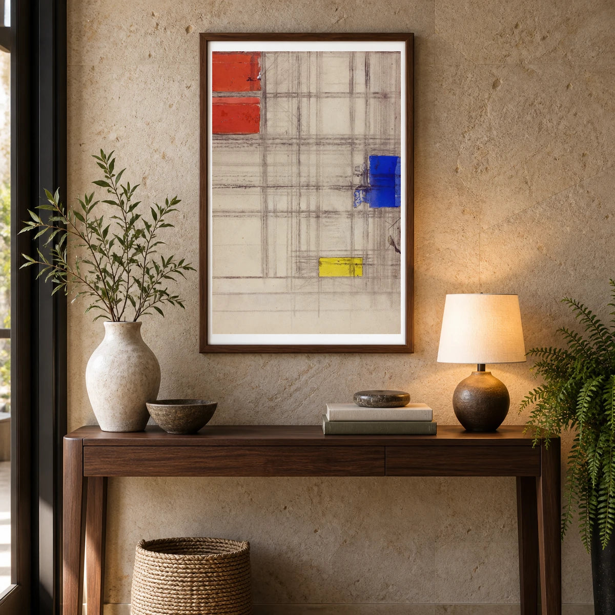 Study For A Composition (1940–1941) — Piet Mondrian shown in a styled interior