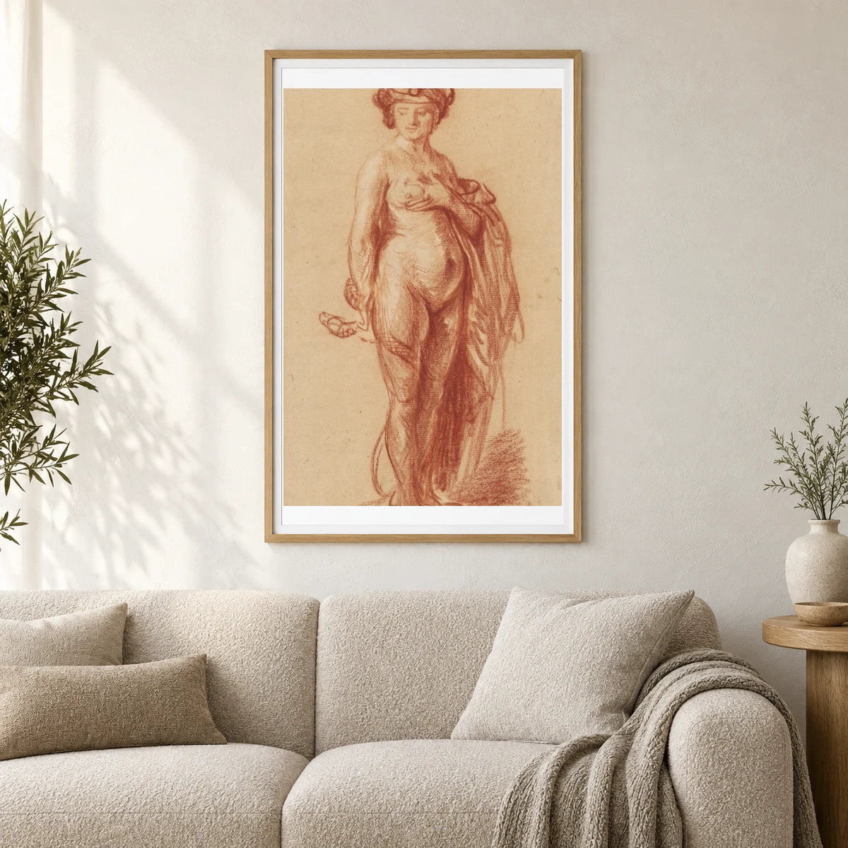Nude Woman With A Snake — Rembrandt van Rijn shown in a styled interior