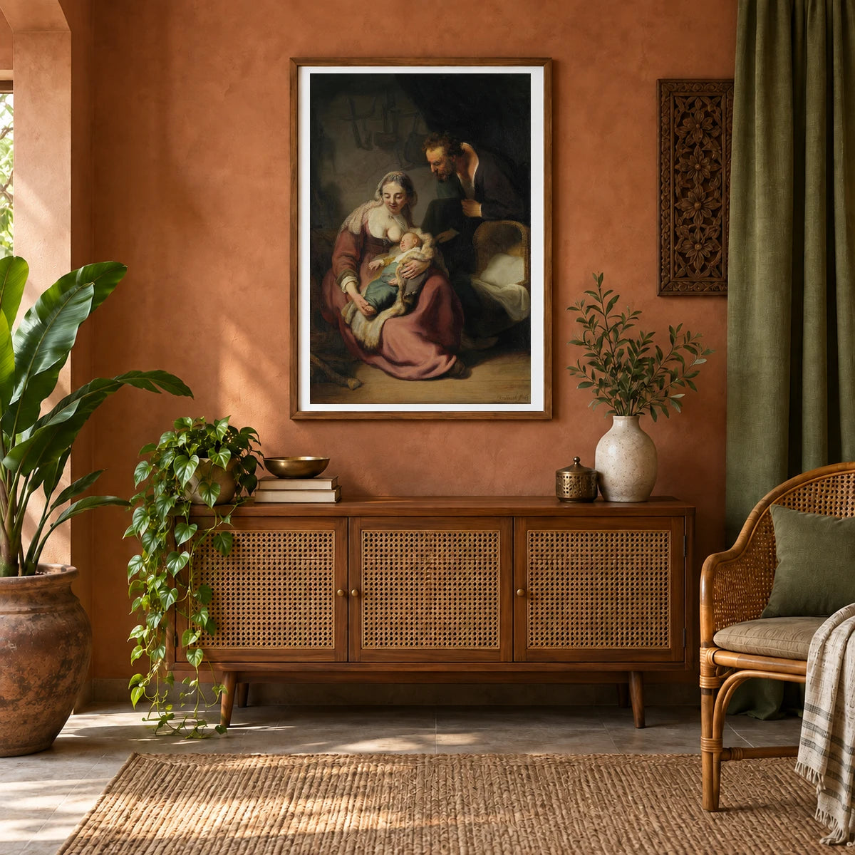 The Holy Family (1633 1635) — Rembrandt van Rijn shown in a styled interior