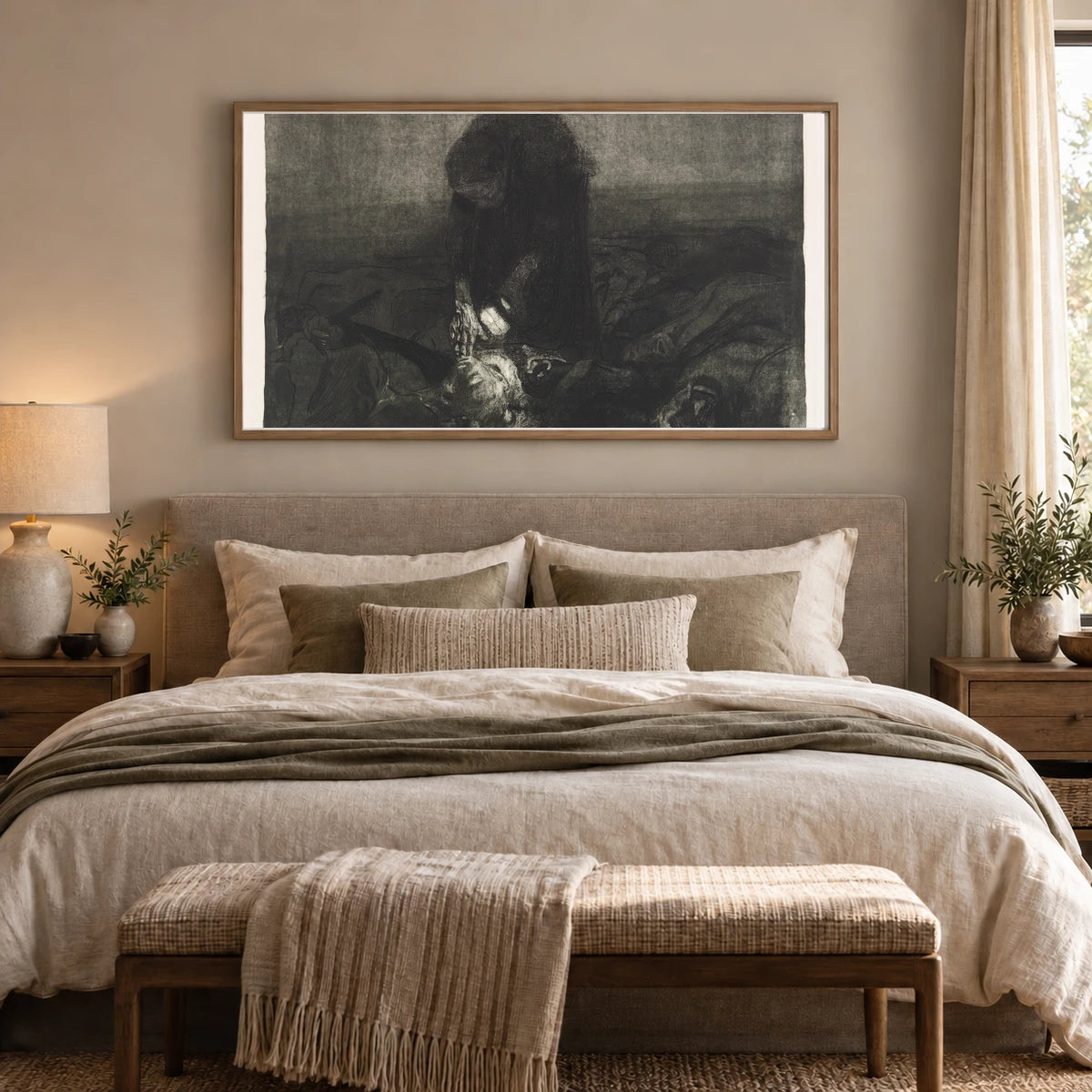 Schlachtfeld (1907) — Käthe Kollwitz shown in a styled interior