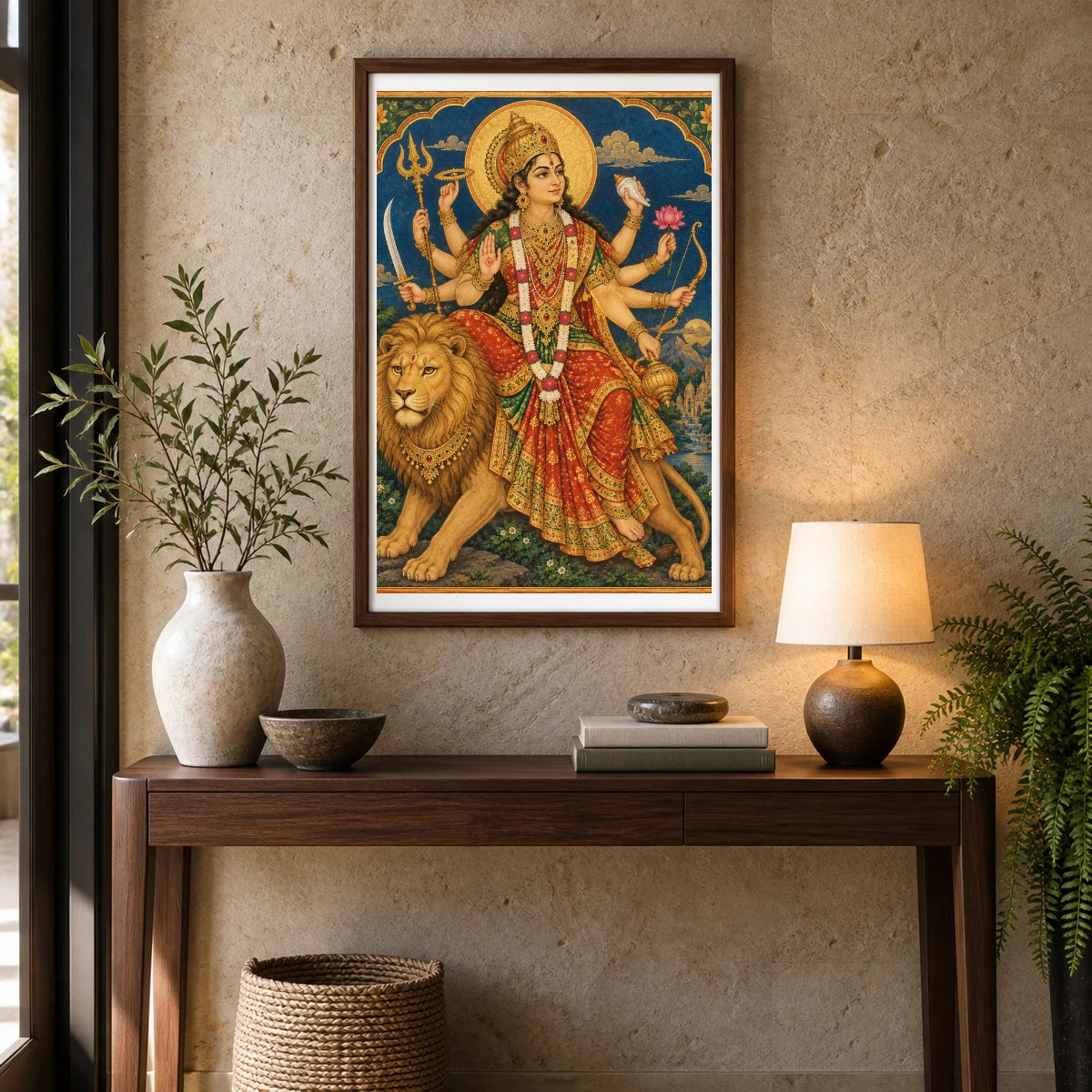 Goddess Durga On The Golden Lion — Ganesha shown in a styled interior