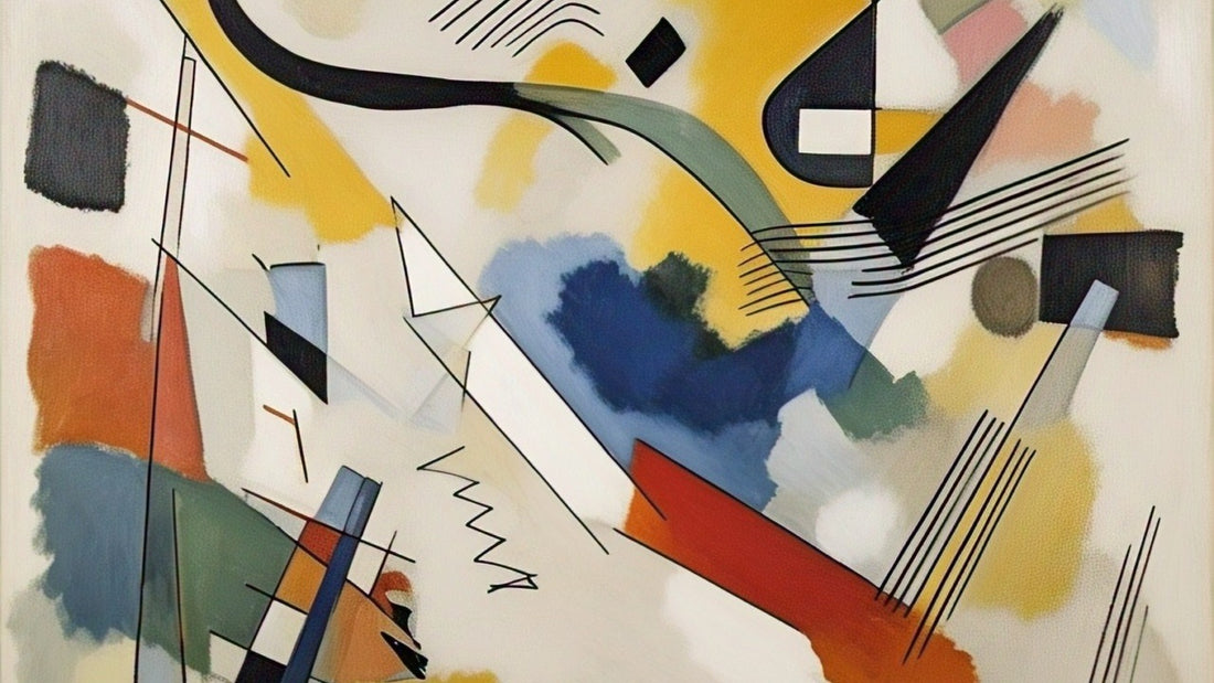 Abstract composition with black lines and geometric shapes over yellow, blue, red and muted green areas on a cream background.