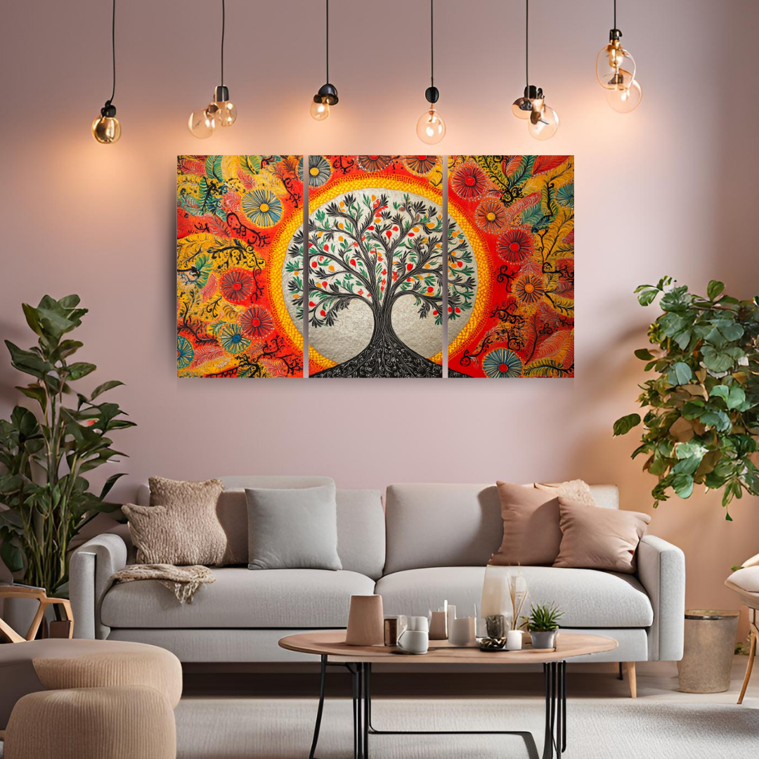 Madhubani Painting Art | Tree of Life -  Symbolizing Harmony and Nature - Yellow | Indian Folk Art