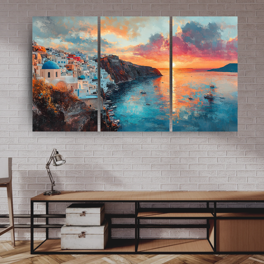 Santorini Sunset: Whitewashed houses, blue domes, and Aegean Sea- Landscapes