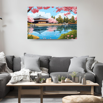 Japanese Garden: Serene water, traditional architecture, and vibrant cherry blossoms - Landscapes