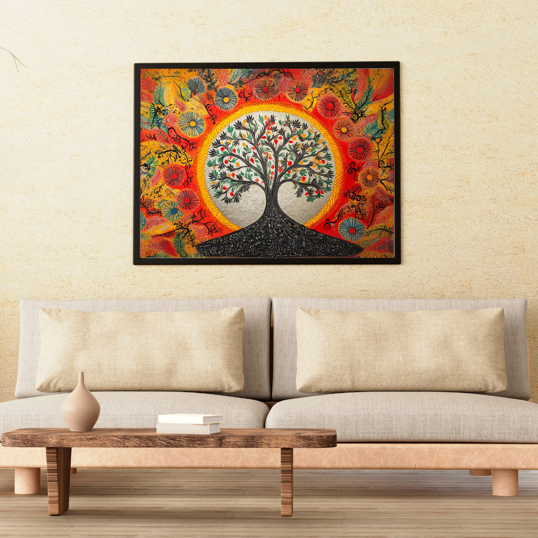 Madhubani Painting Art | Tree of Life -  Symbolizing Harmony and Nature - Yellow | Indian Folk Art