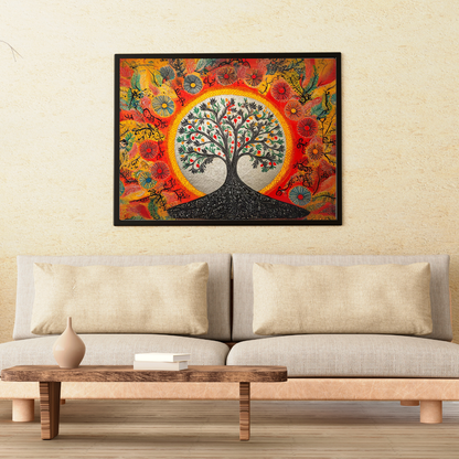 Madhubani Painting Art | Tree of Life -  Symbolizing Harmony and Nature - Yellow | Indian Folk Art