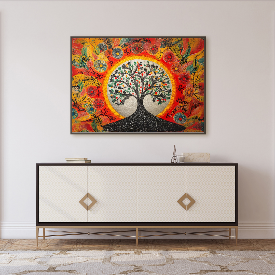 Madhubani Painting Art | Tree of Life -  Symbolizing Harmony and Nature - Yellow | Indian Folk Art